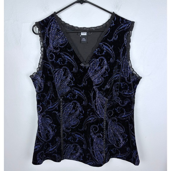 Studio 1940 Tops - Studio 1940 Velvet Paisley Blouse Black Blue Glitter Ruffle Whimsygoth 18/20W